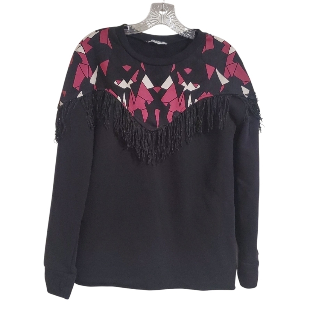 Zara Womens Fringed Crewneck Sweatshirt Black and Geometric print Size Small - Picture 1 of 6